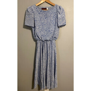 Vintage Womens Midi Dress 8 Petite Blue Abstract Satin Pleated Prairie READ